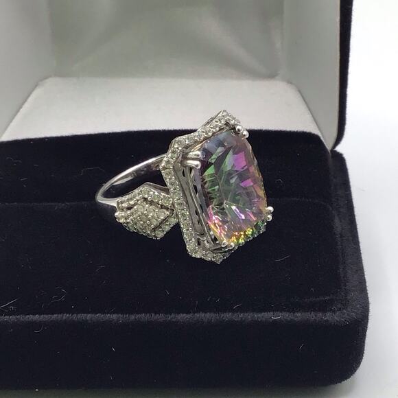 925 Sterling Silver Mystic Topaz CZ Halo Cocktail Ring Size 7.5 Multicolor - Picture 9 of 16